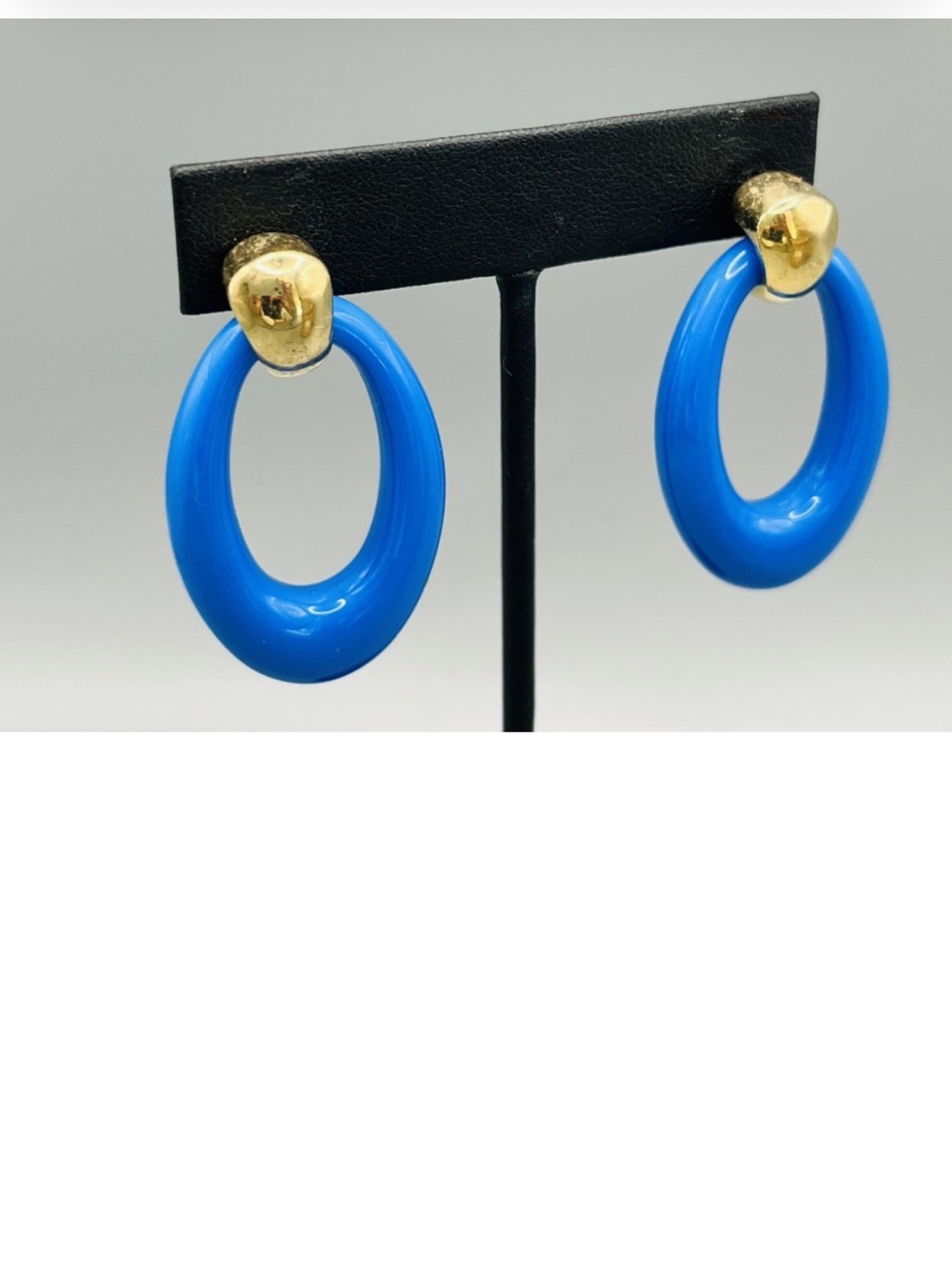 Vintage Gold-Top Bright Blue Hoop Earrings